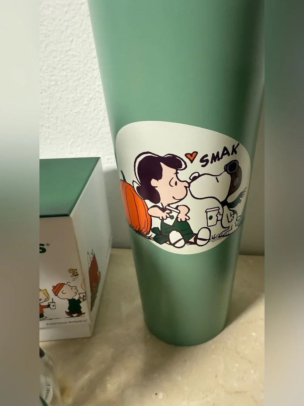 (3) Starbucks, Snoopy glass cold cup, stainless steel cold cup, & ceramic mug.